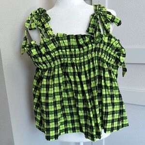 Ganni Green and Black Plaid Sleeveless Top